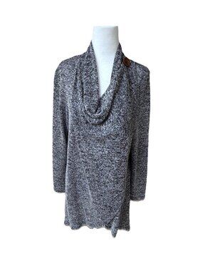 Bobeau Black And White Space Dye Draped Wrap Tunic Sweater Cardigan Women OS